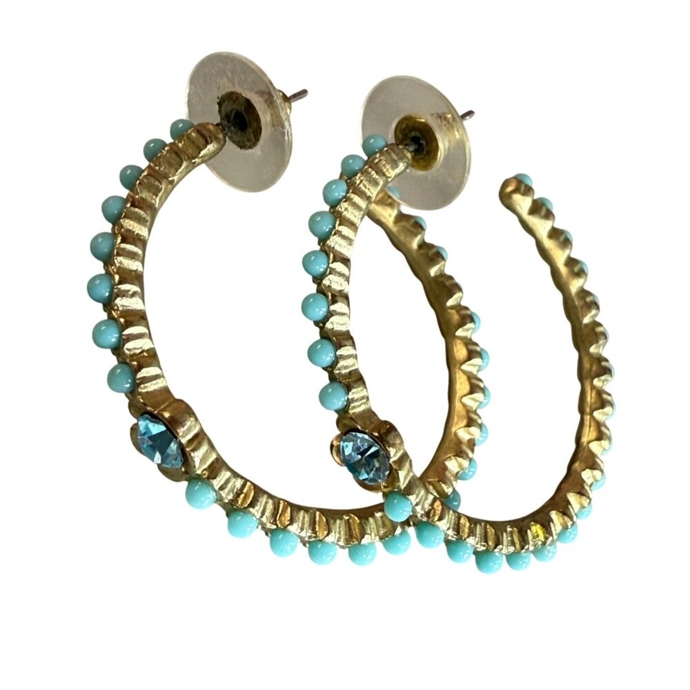 Gold-Tone Hoop Earrings with Turquoise Color & Blue Crystal Pierced Post Dangle